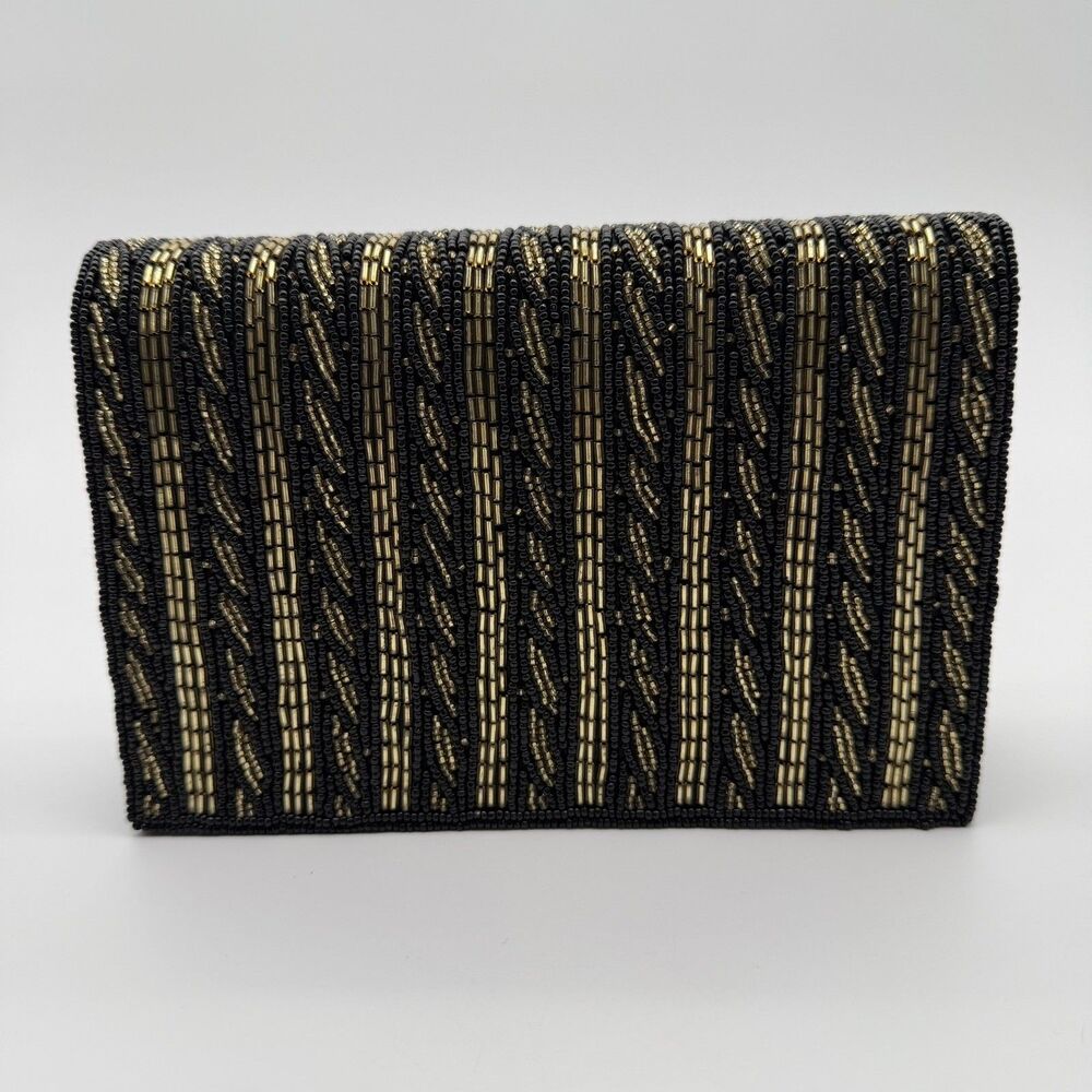 Talbots Beaded Small Black & Gold Clutch Bag 5 x 7.5 Formal Wedding - Picture 1 of 9
